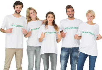 Group portrait of happy volunteers pointing to themselves