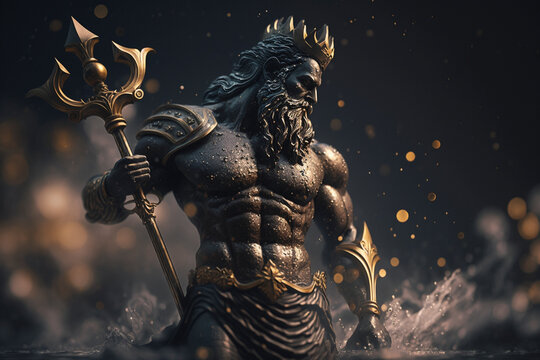 Black and gold poseidon greek god sculpture - Generated by generative AI
