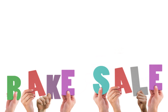 Cropped hands holding colorful words bake and sale 