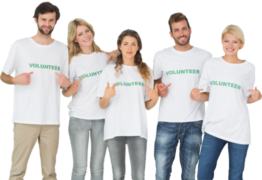 Group portrait of happy volunteers pointing to themselves