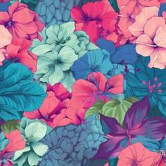 Hydrangeas and hibiscus in a seamless tropical summery. Pattern.