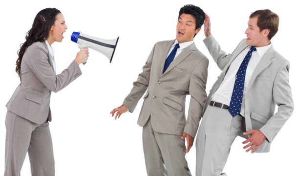 Businesswoman with megaphone yelling at colleagues