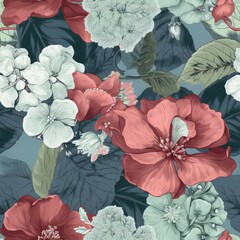 Hydrangeas and hibiscus in a seamless tropical summery. Pattern.
