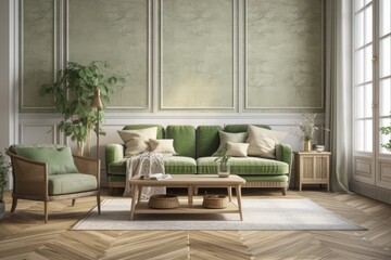 Green and beige farmhouse living room mockup. Parquet, rattan, couch, wallpaper. Vintage decor,. Generative AI