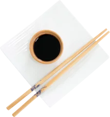 Gordijnen Close up of chopsticks with soya sauce © vectorfusionart