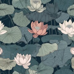 Lotus and water lilies in a peaceful serene seamless pattern.