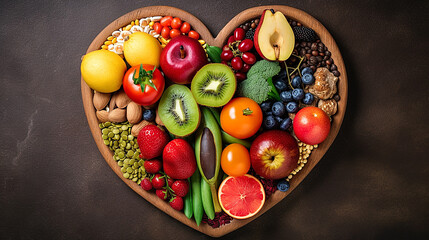 Obraz na płótnie Canvas Fresh fruits and vegetables- food for heart health wellness in heart shape dish. Generative AI.