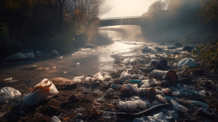 Rivière polluée par de nombreux déchets qui flottent sur l'eau, pollution industrielle
