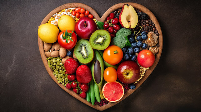 Fresh fruits and vegetables- food for heart health wellness in heart shape dish. Generative AI.