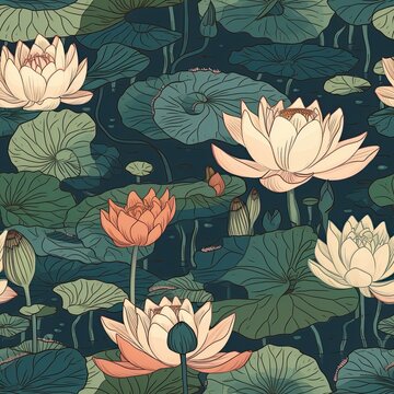 Lotus and water lilies in a peaceful serene seamless pattern.