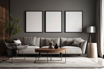 Obraz na płótnie Canvas living room background with mock up poster frame. Generative Ai 