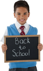 Schoolboy holding slate with back to school text over white background