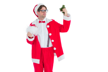 Geeky hipster in santa costume looking at mistletoe 