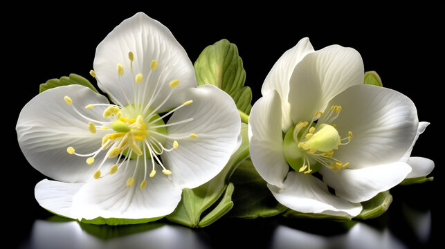 White hellebore flowers isolated on black background,  Close up, Generative AI