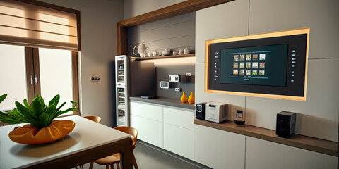 A home automation control station in a modern kitchen - Generative AI