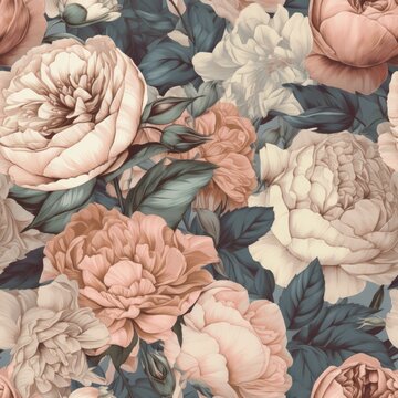Beautiful seamless floral pattern with Roses and peonies. AI generated.