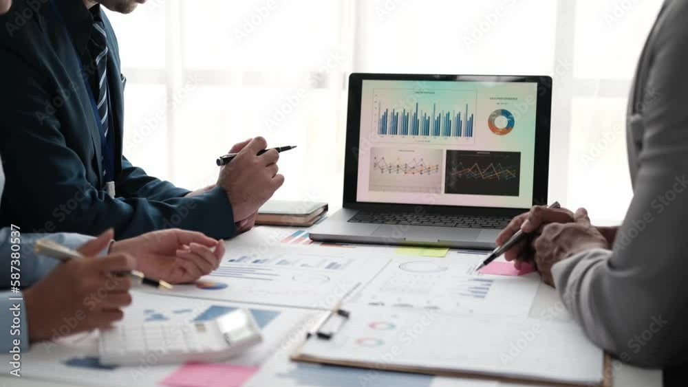 Poster business team meeting to conference, collaboration discussing working analyzing with financial data 