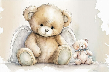 Cute little teddy bear with Angel wings sitting with another little teddy bear watercolor, Generative AI