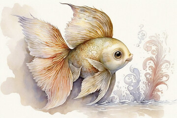 Cute little goldfish swimming watercolor, Generative AI