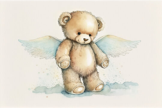 Cute little teddy bear with Angel wings standing isolated on white
