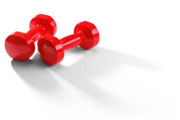 Two red dumbbells with a long shadow on a transparent background. Angle view. Selective focus.