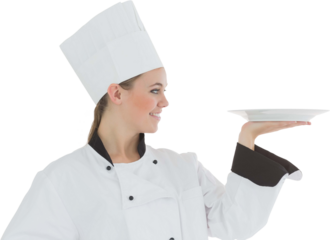 Portrait of a woman chef holding a plate