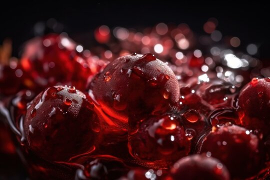  a close up of a bunch of red fruit with drops of water on it and a black background with a white spot in the middle.  generative ai