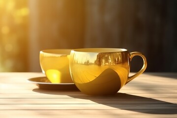  two yellow cups sitting on top of a wooden table next to each other on a wooden table with sunlight streaming through the window behind them.  generative ai