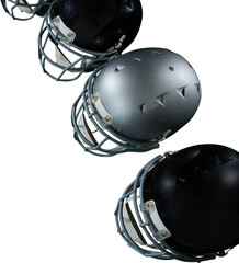 High angle view of American football head gears