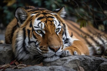 A large tiger is lying down and sleeping. The concept of animal life in the reserve park. Generative AI
