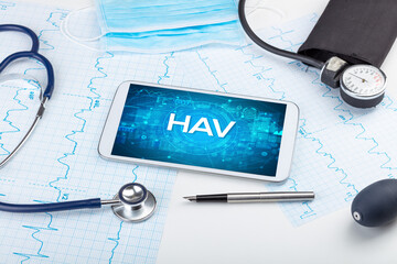 Close-up view of a tablet pc with medical abbreviation