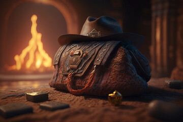 A leather bag and a hat located in a temple on fire - Generated by generative AI - obrazy, fototapety, plakaty