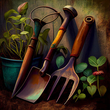 Digital Art Small Gardening Tools and Plants Illustration