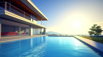 Fototapeta na wymiar Modern house with swimming pool in the sunset, Generative AI
