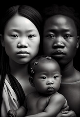 Black and white familial fusion: three hearts beating as one an unconventional but loving family. Diverse family portrait showcasing love beyond boundaries and traditional structures. Ai generated.