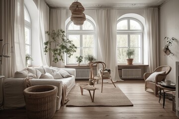 Fototapeta na wymiar Vintage living room with drapes, fabric couch, and white beige rattan flooring. Parquet and arched window. Farmhouse decor,. Generative AI