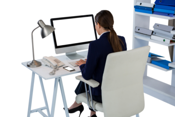 Rear view of businesswoman using computer