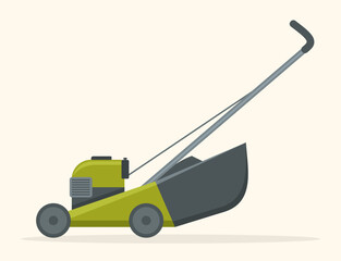 Green and gray lawn mower, side view. Gardening grass cutter. Vector illustration in flat style