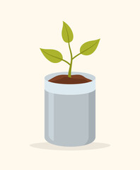 A seedling in a bag with soil on a beige background. Flat vector illustration