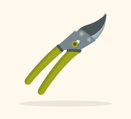 Garden pruner with green handles. A tool for cutting branches and stems. Flat vector illustration