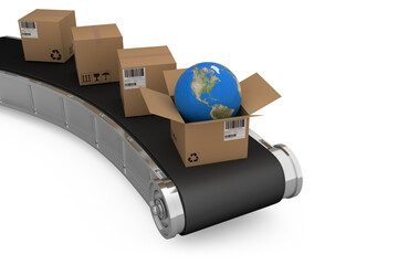 High angle view of cardboard boxes with globe on 3D production line