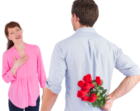 Man holding roses behind him