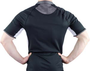 Rugby player with hands on hips