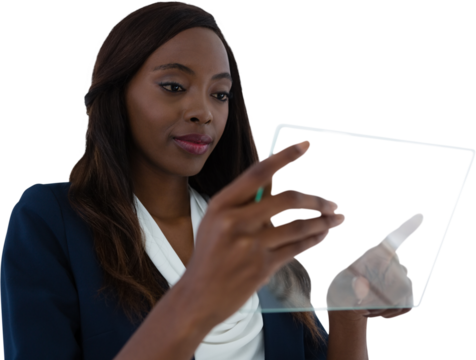 Young businesswoman using interface screen