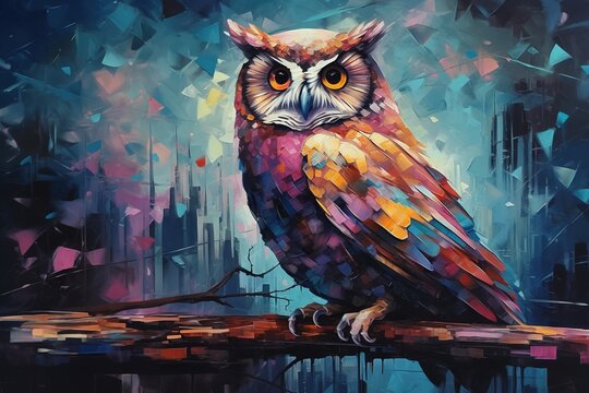  a colorful owl sitting on a branch with a city in the background painted in acrylic paint by numbers on a canvas with a dark background.  generative ai