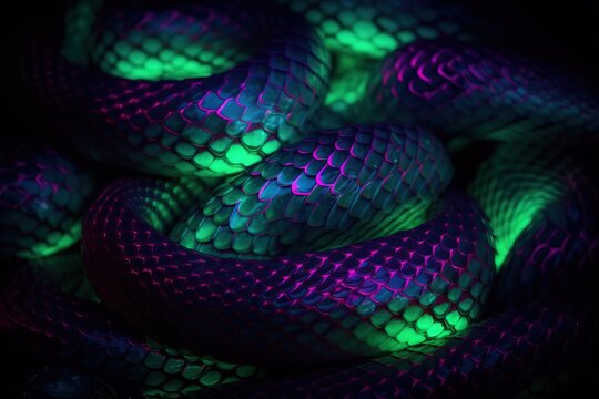  a close up of a snake skin with green and purple lights on it's sides and a black background with a green and purple snake skin.  generative ai