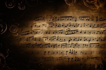  a dark background with music notes and a light in the middle of the sheet music is written in black and gold colors and is surrounded by swirling swirls of light.  generative ai