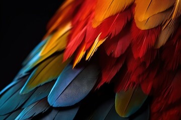  a close up of a colorful bird's feathers with a spoon in it's beak and a black background with a black background.  generative ai