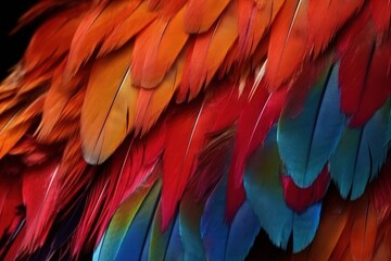  a close up of a multicolored bird's feathers with a black back ground and a black back ground with a black background.  generative ai