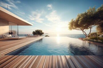 Fototapeta na wymiar wooden deck surrounding a pristine swimming pool with lounge chairs and umbrellas. Generative AI